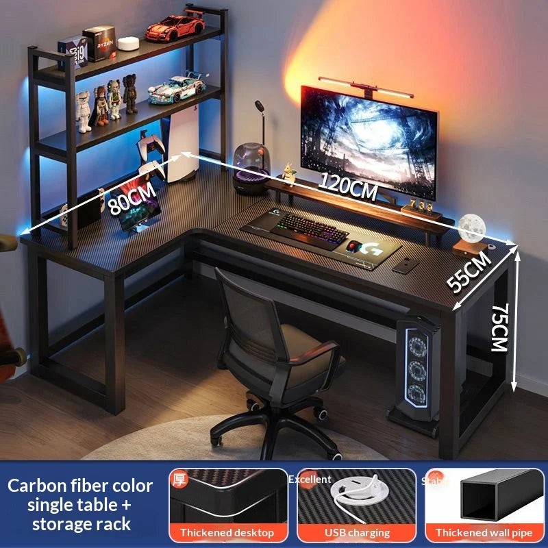 L Shaped Corner Computer Gaming Desk Adjustable Height Home Office Study Bookshelf Storage Multiple Styles E-sports Table
