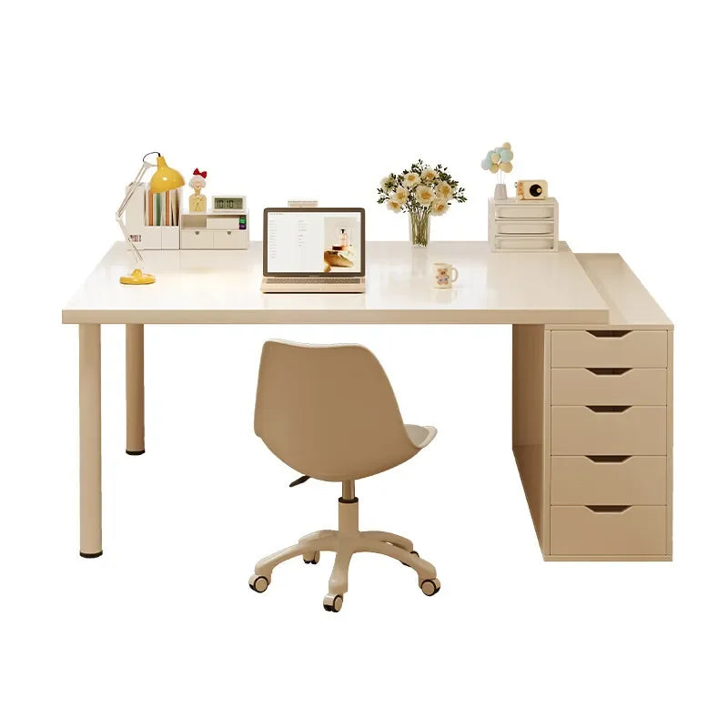 Simple Computer Desk with Drawers Cream Style Workbench Household Bedroom Dresser Storage Cabinet Integrated Table