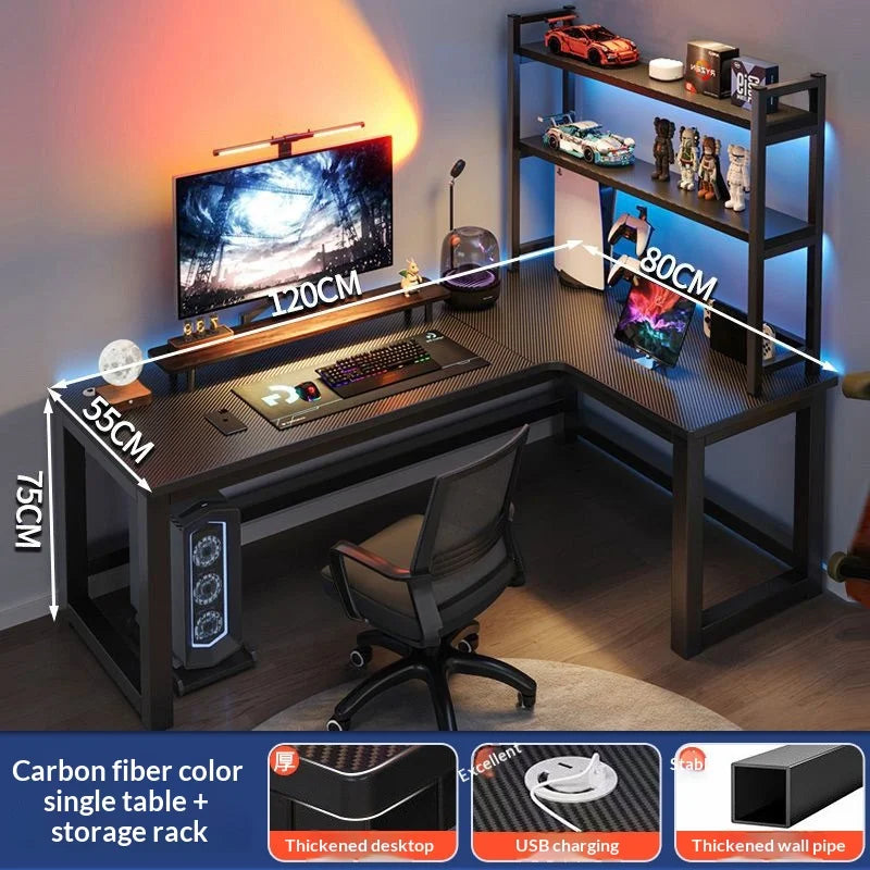 L Shaped Corner Computer Gaming Desk Adjustable Height Home Office Study Bookshelf Storage Multiple Styles E-sports Table