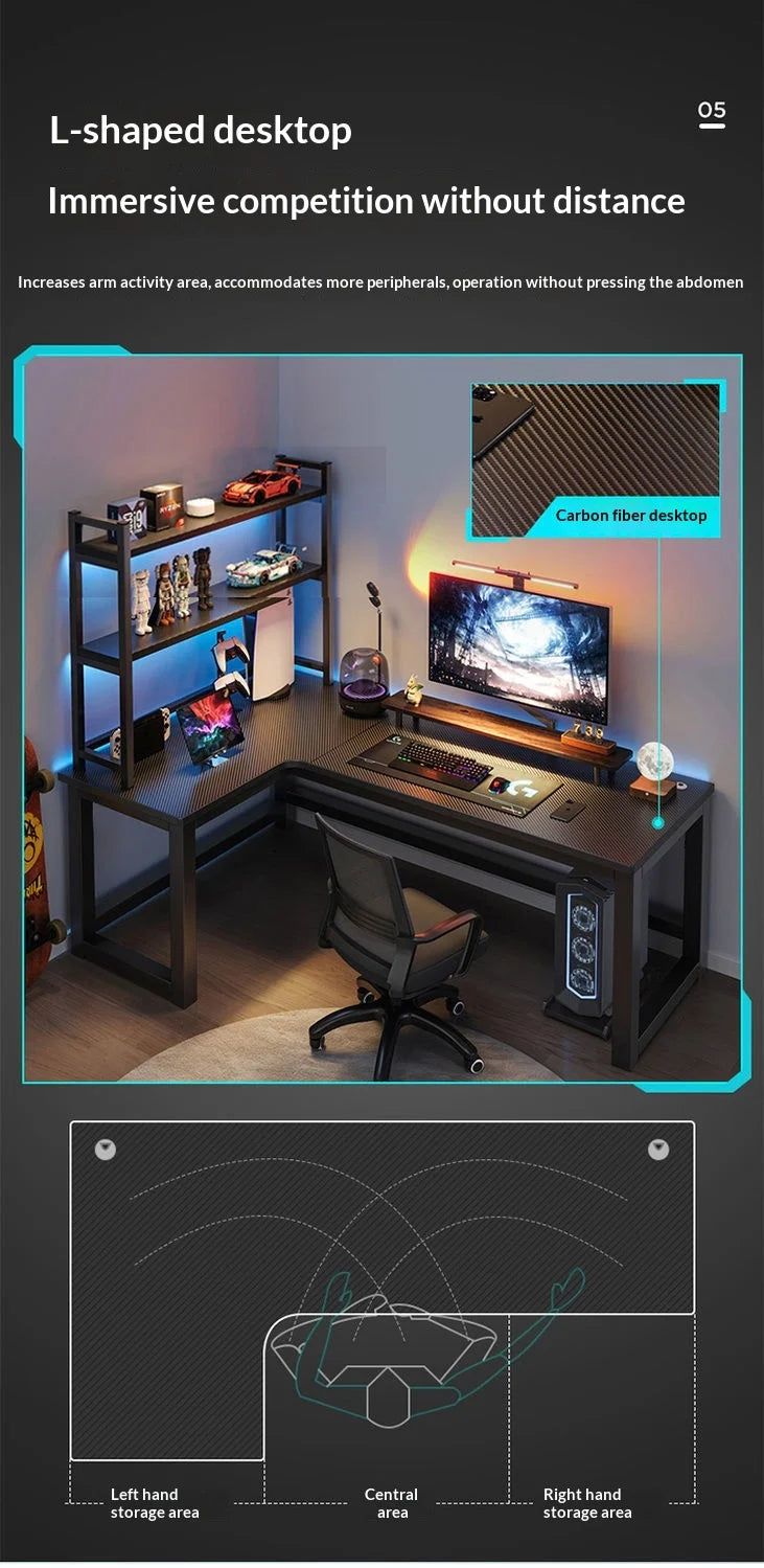 L Shaped Corner Computer Gaming Desk Adjustable Height Home Office Study Bookshelf Storage Multiple Styles E-sports Table