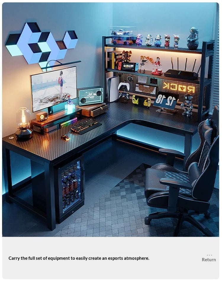 L Shaped Corner Computer Gaming Desk Adjustable Height Home Office Study Bookshelf Storage Multiple Styles E-sports Table