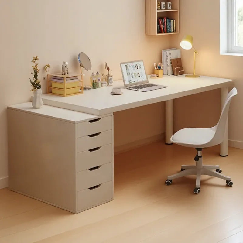 Simple Computer Desk with Drawers Cream Style Workbench Household Bedroom Dresser Storage Cabinet Integrated Table
