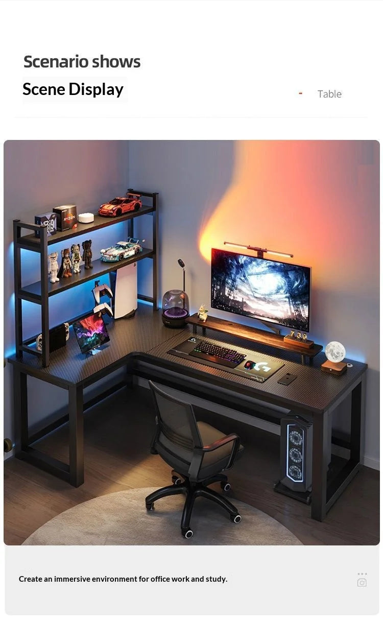 L Shaped Corner Computer Gaming Desk Adjustable Height Home Office Study Bookshelf Storage Multiple Styles E-sports Table