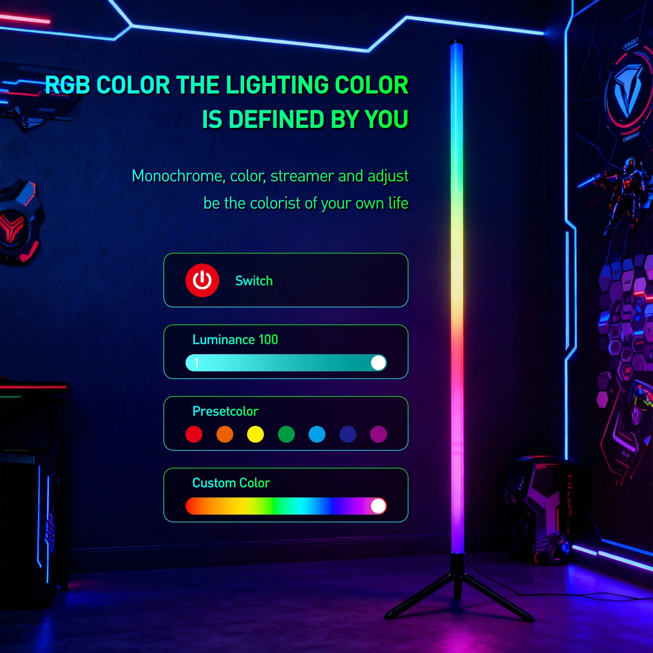 RGB LED Gaming Atmosphere Light Floor Lamp with Remote Control App E-Sports Desk Table Light for Bedroom Living Room Hallway