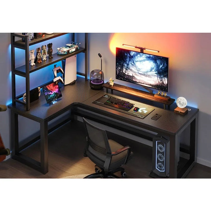 L Shaped Corner Computer Gaming Desk Adjustable Height Home Office Study Bookshelf Storage Multiple Styles E-sports Table